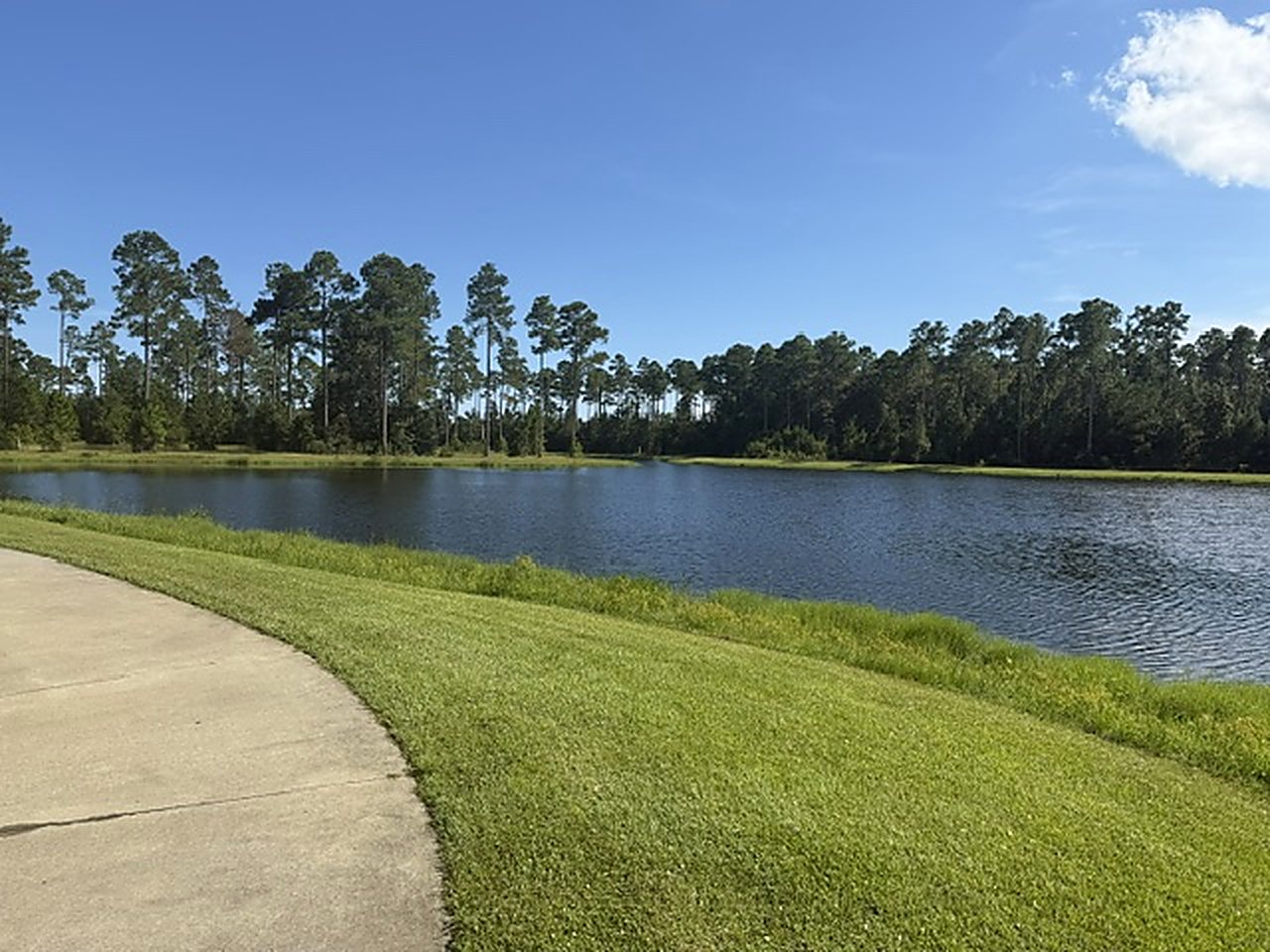 A paved walking path curving along the edge of the 13-acre lake at North Glynn Recreation Complex in Brunswick, Georgia, with pines across the water.